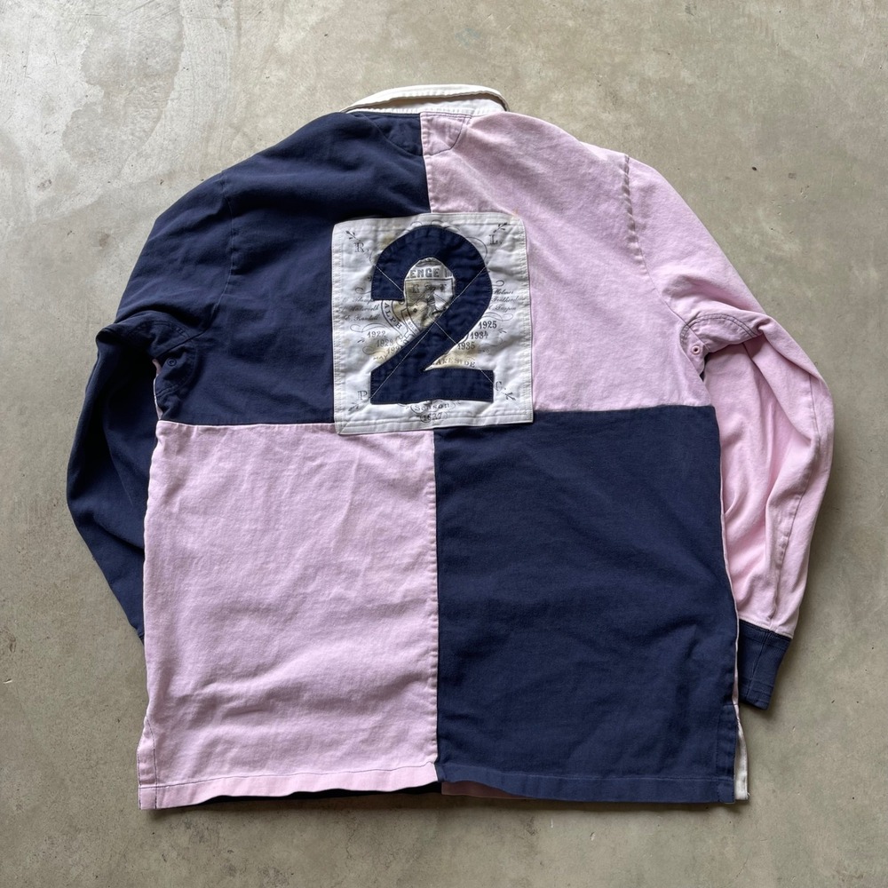 Polo Ralph Lauren Mens Large Pink Navy Colorblock Crest Rugby Shirt Long Sleeve